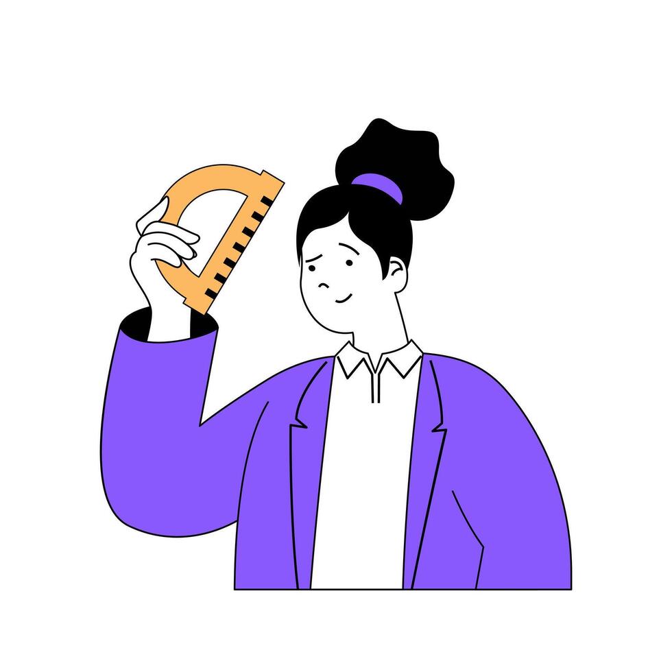 Education concept with cartoon people in flat design for web. Student with ruler doing homework and preparing for maths class lesson. Vector illustration for social media banner, marketing material.