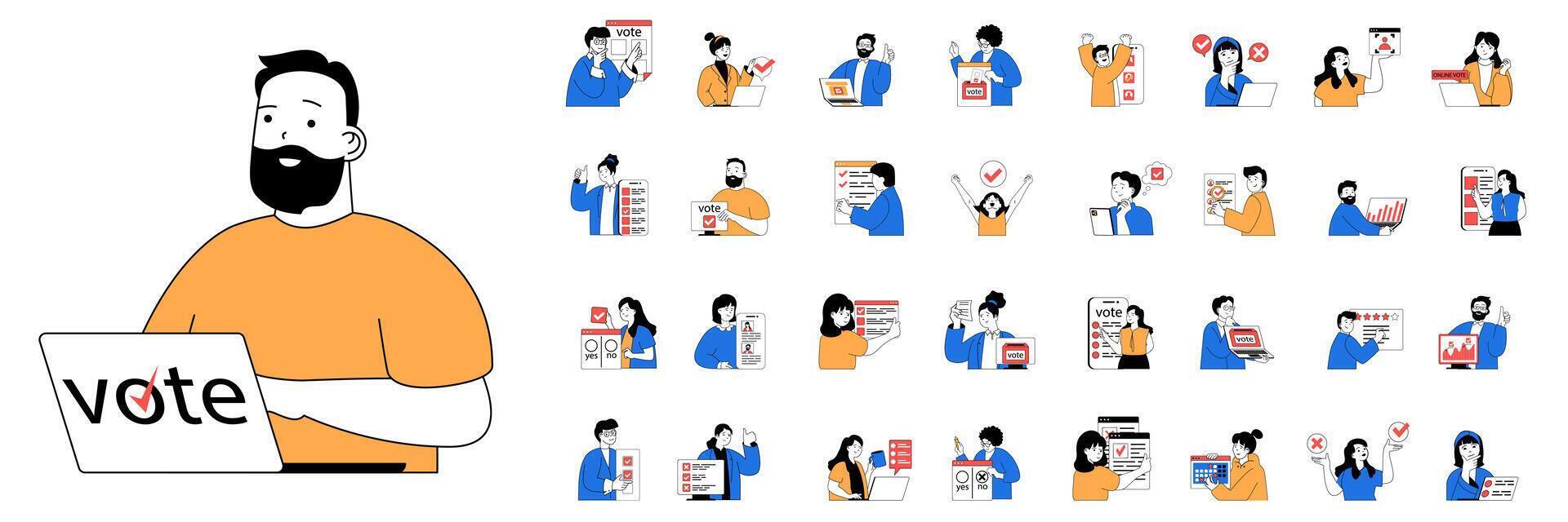 Online voting concept with character situations mega set in flat web design. Bundle of scenes people making decisions at political election, putting vote paper in ballot box. Vector illustrations.