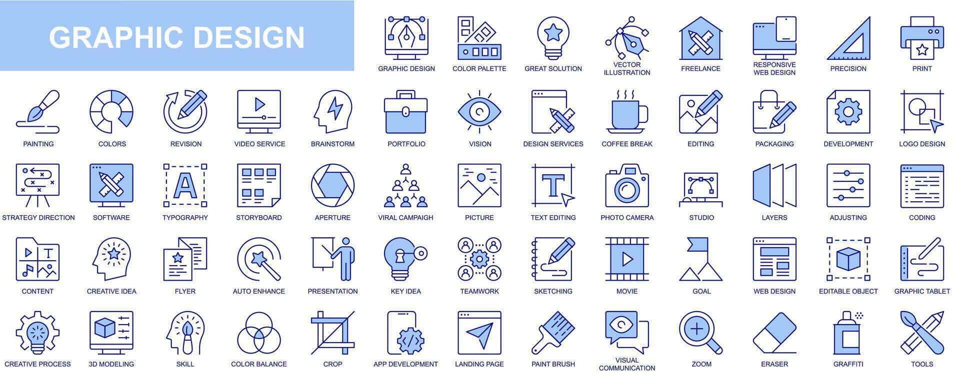 Graphic design web icons set in blue line design. Pack of color palette, solution, freelance, print, painting, video service, brainstorming, portfolio, editing, other. Vector outline stroke pictograms