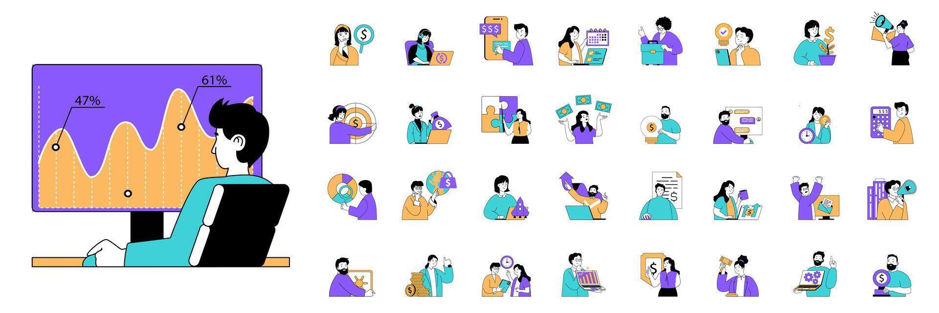 Business concept with character situations mega set in flat web design. Bundle of scenes people brainstorming, invecting, calculating earning money, developing company project. Vector illustrations.