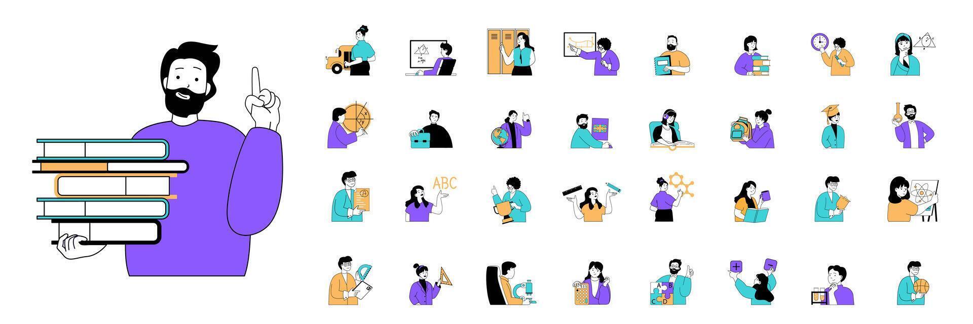 School learning concept with character situations mega set in flat web design. Bundle of scenes people studying lessons and doing homework, students get courses and tutorials. Vector illustrations.