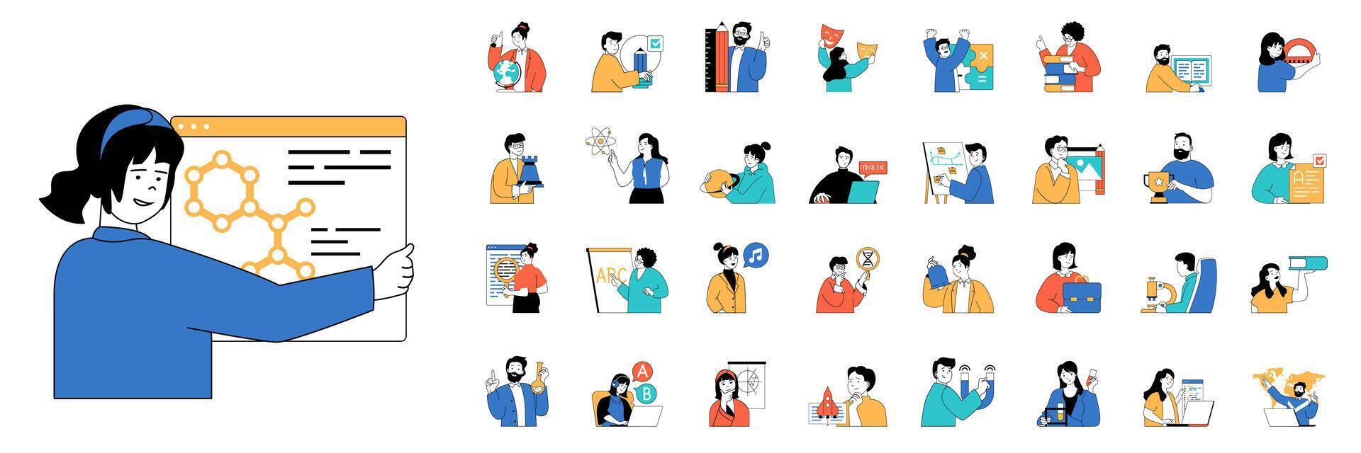 Education concept with character situations mega set in flat web design. Bundle of scenes people learning at school or university, gaining skills and knowledges, doing science. Vector illustrations.