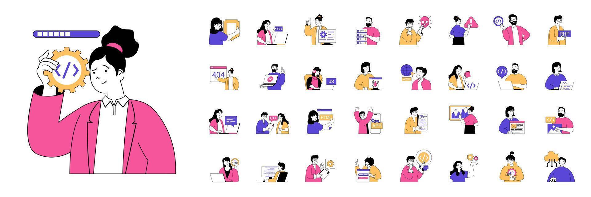 Programming concept with character situations mega set in flat web design. Bundle of scenes people coding and engineering programs, searching bugs, testing and make optimization. Vector illustrations.