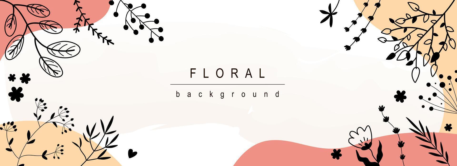 Floral horizontal web banner. Abstract black outline wildflowers, blooming flowers, twigs and herbs on decorative background. Vector illustration for header website, cover templates in modern design