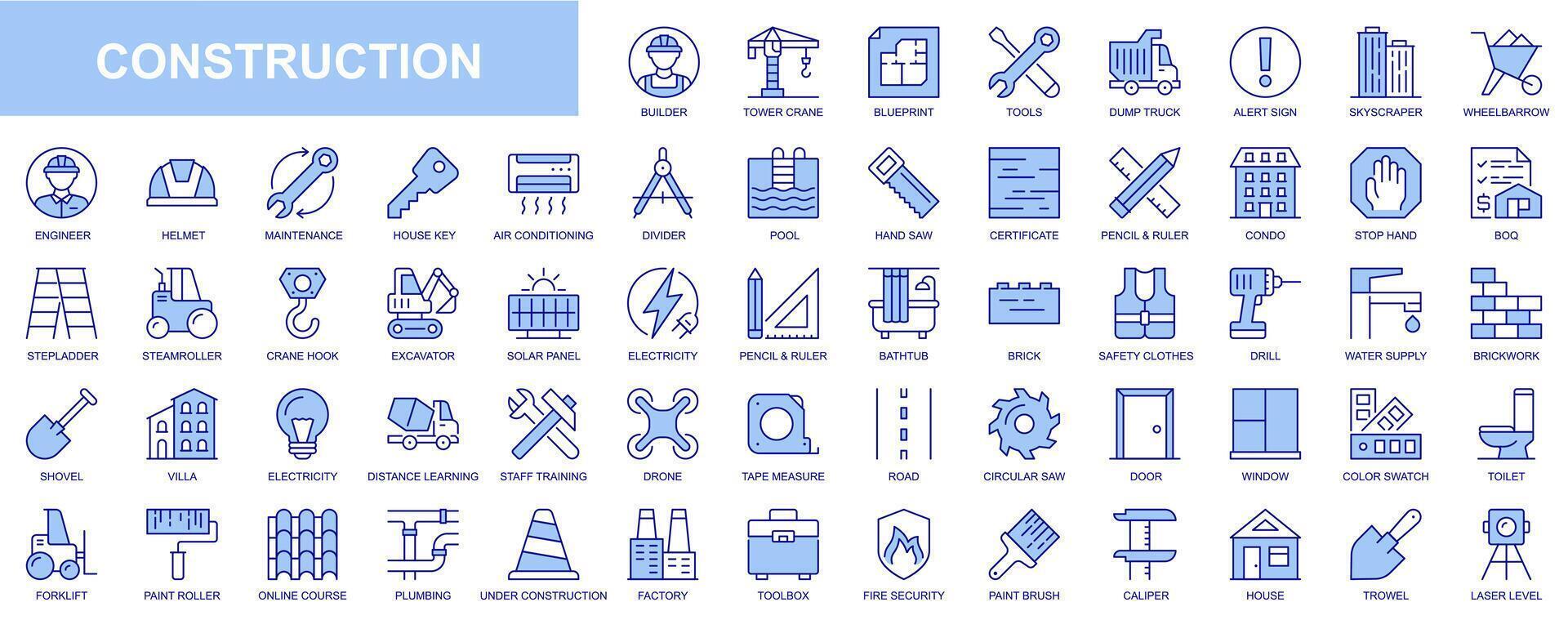 Construction web icons set in blue line design. Pack of builder, tower, blueprint, tools, skyscraper, wheelbarrow, engineer, helmet, maintenance, house, supply, other. Vector outline stroke pictograms