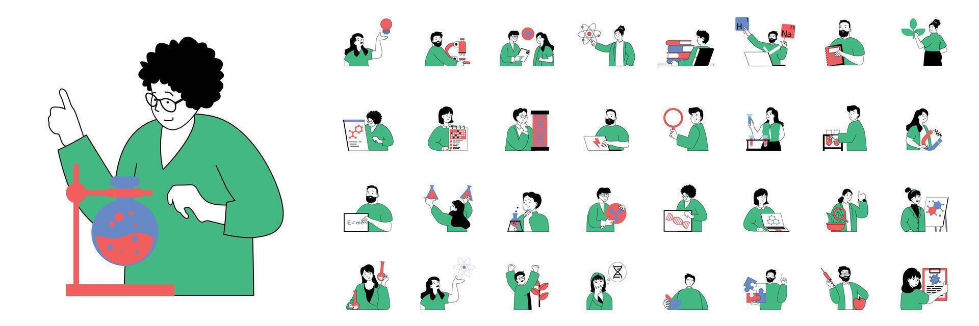 Science laboratory concept with character situations mega set in flat web design. Bundle of scenes people making chemical or medical tests, doing microscope researches at lab. Vector illustrations.