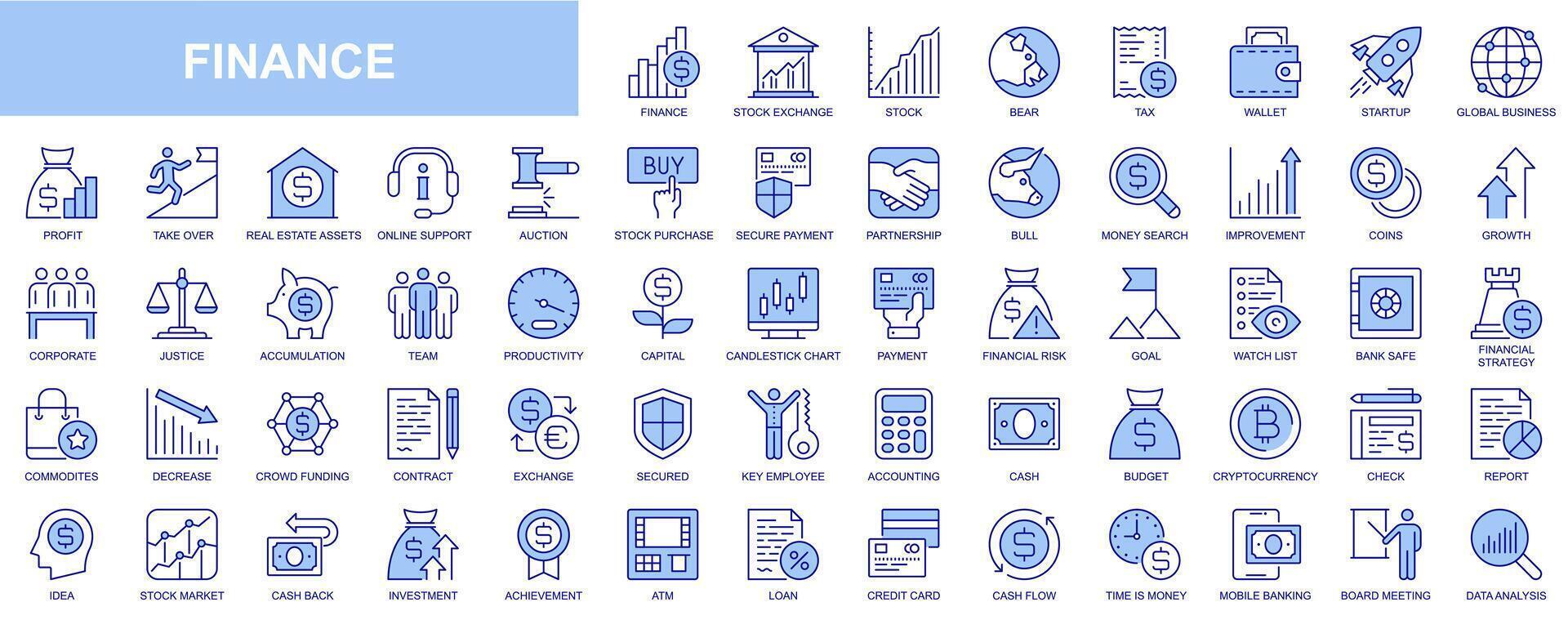 Finance web icons set in blue line design. Pack of stock exchange, loan, tax, wallet, startup, global business, profit, online support, purchase, partnership, other. Vector outline stroke pictograms