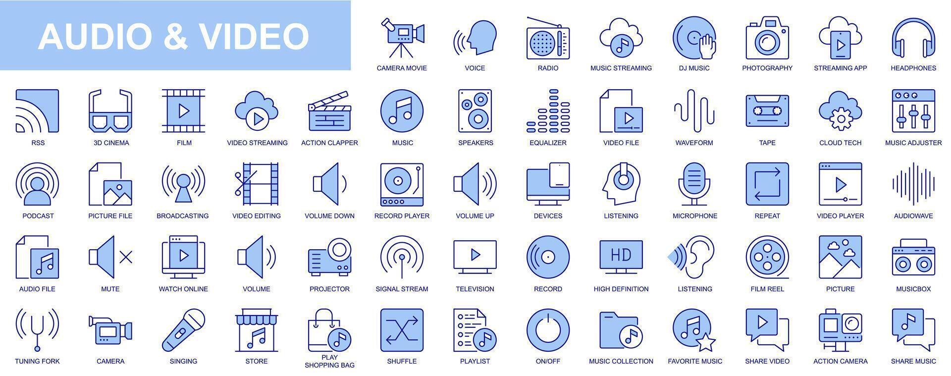 Audio and video web icons set in blue line design. Pack of camera movie, voice, radio, music streaming, photography, headphones, cinema, podcast, broadcasting, other. Vector outline stroke pictograms