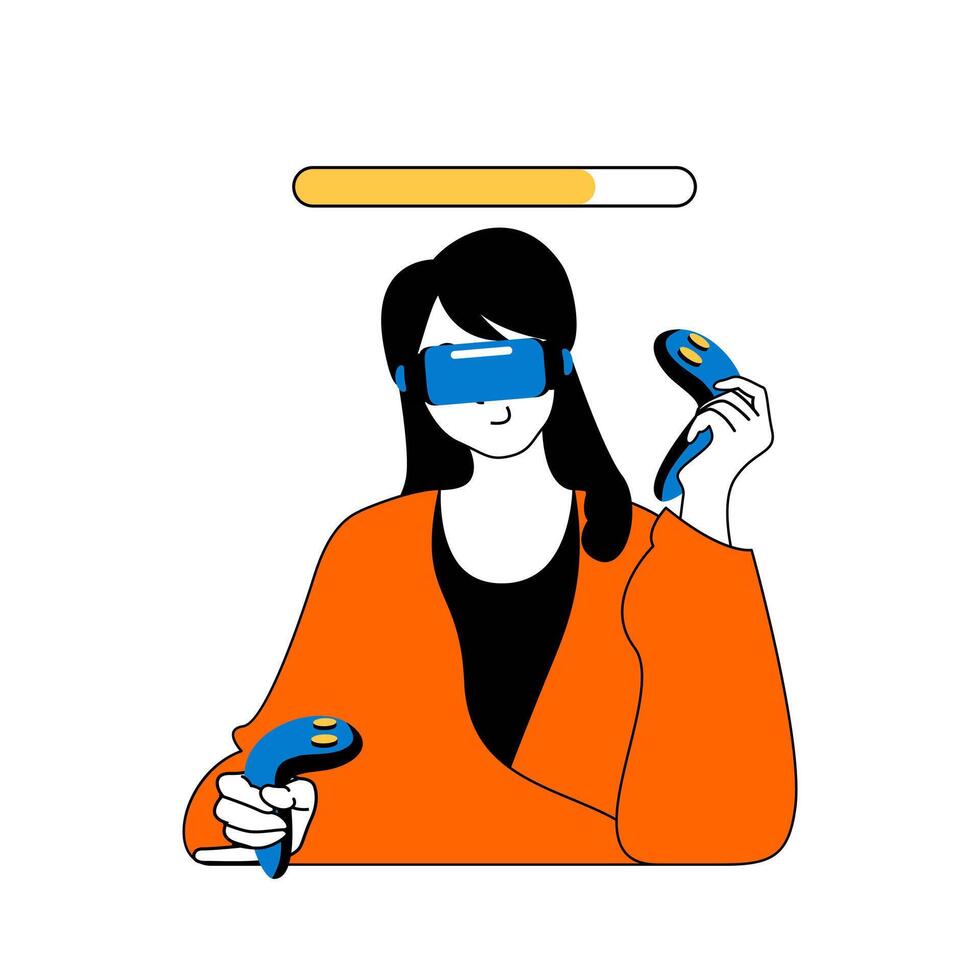 virtual realidad concepto con dibujos animados personas en plano diseño para web. mujer en vr auriculares y palanca de mando controladores jugando vídeo juego. vector ilustración para social medios de comunicación bandera, márketing material.