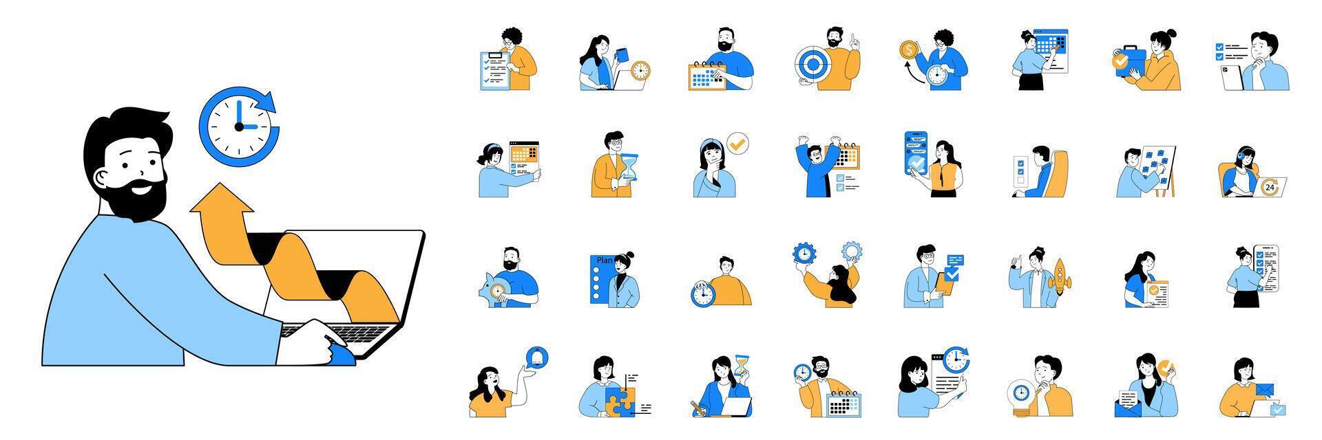 Time management concept with character situations mega set in flat web design. Bundle of scenes people scheduling tasks, making organization of job project, efficiency work time. Vector illustrations.