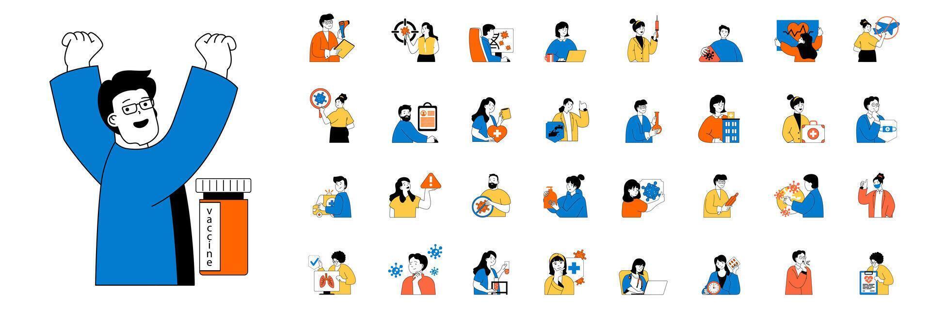 Coronavirus concept with character situations mega set in flat web design. Bundle of scenes people researching virus disease, make vaccination, treating symptoms, stay home. Vector illustrations.