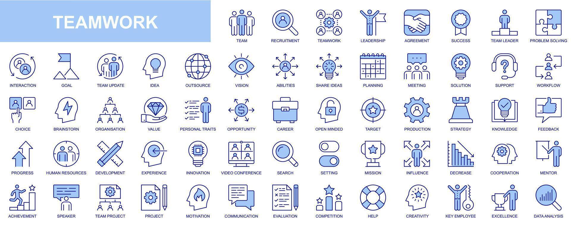 Teamwork web icons set in blue line design. Pack of team, recruitment, leadership, agreement, success, leader, problem solving, interaction, goal, idea, vision, other. Vector outline stroke pictograms