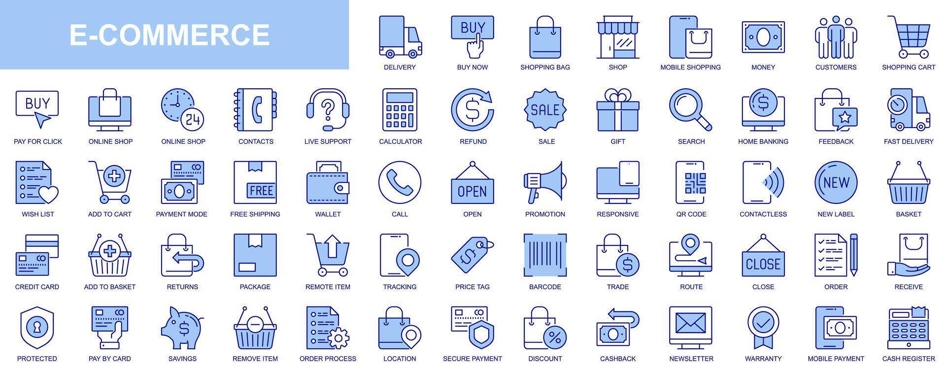 E-commerce web icons set in blue line design. Pack of mobile shopping, delivery, payment, feedback, add to cart, wish list, refund, sales, tracking package and other. Vector outline stroke pictograms