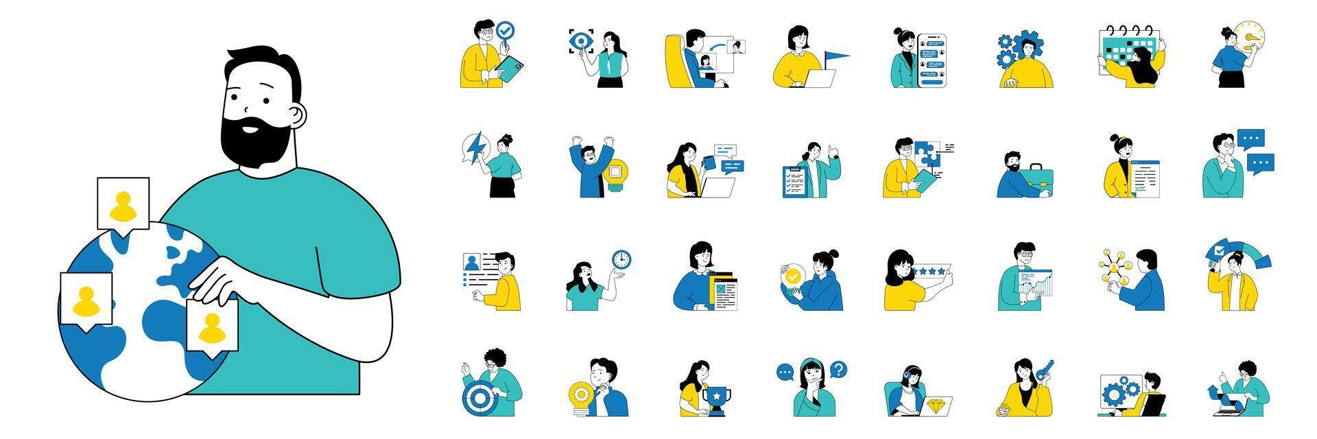 Teamwork concept with character situations mega set in flat web design. Bundle of scenes people working in team, discussing and communicating, colleagues do tasks to deadline. Vector illustrations.