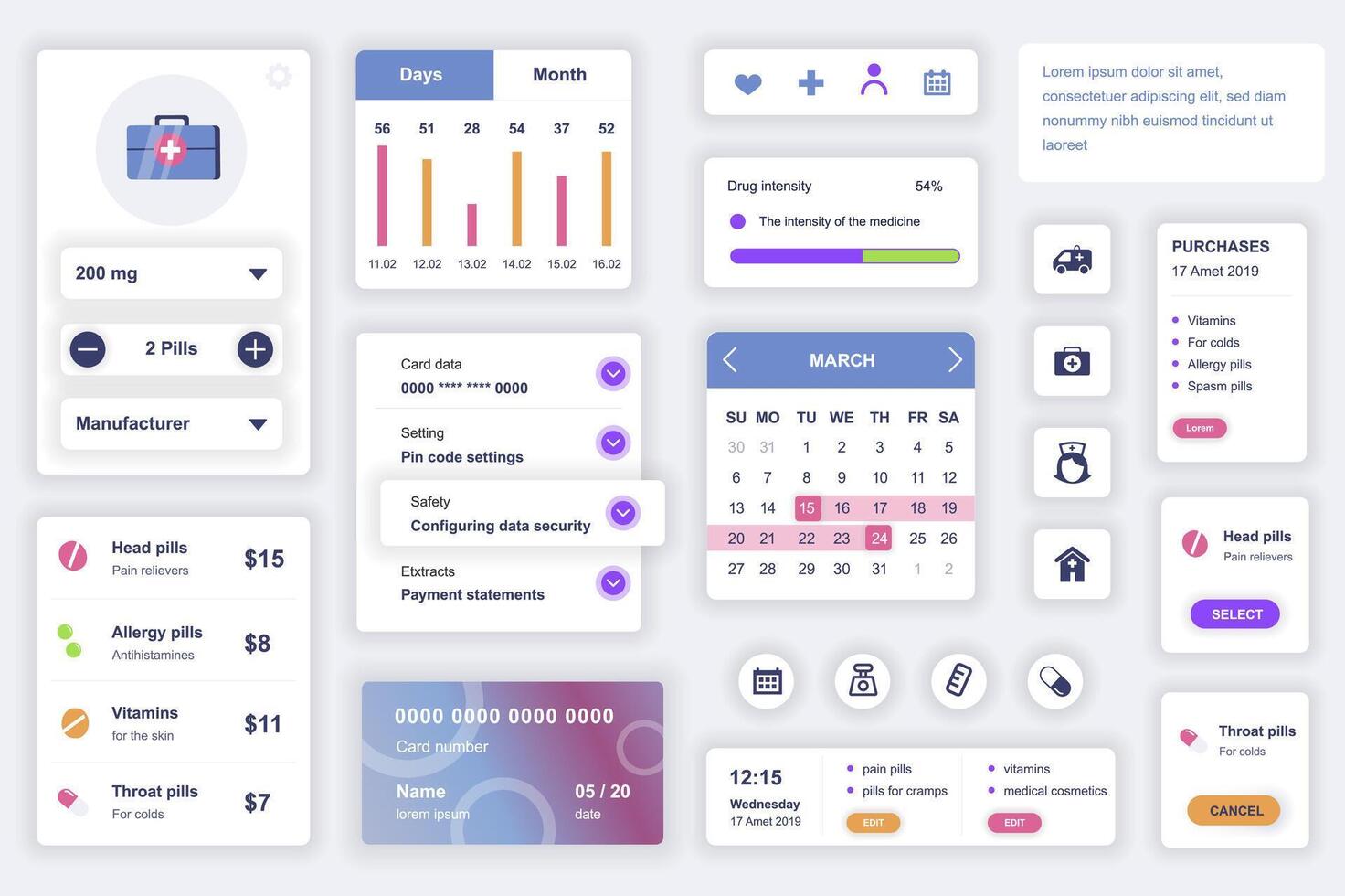 User interface elements set for medical mobile app. Kit template with HUD diagrams, clinic information, diagnosis, pills prescription, online pharmacy. Pack of UI, UX, GUI screens. Vector components.