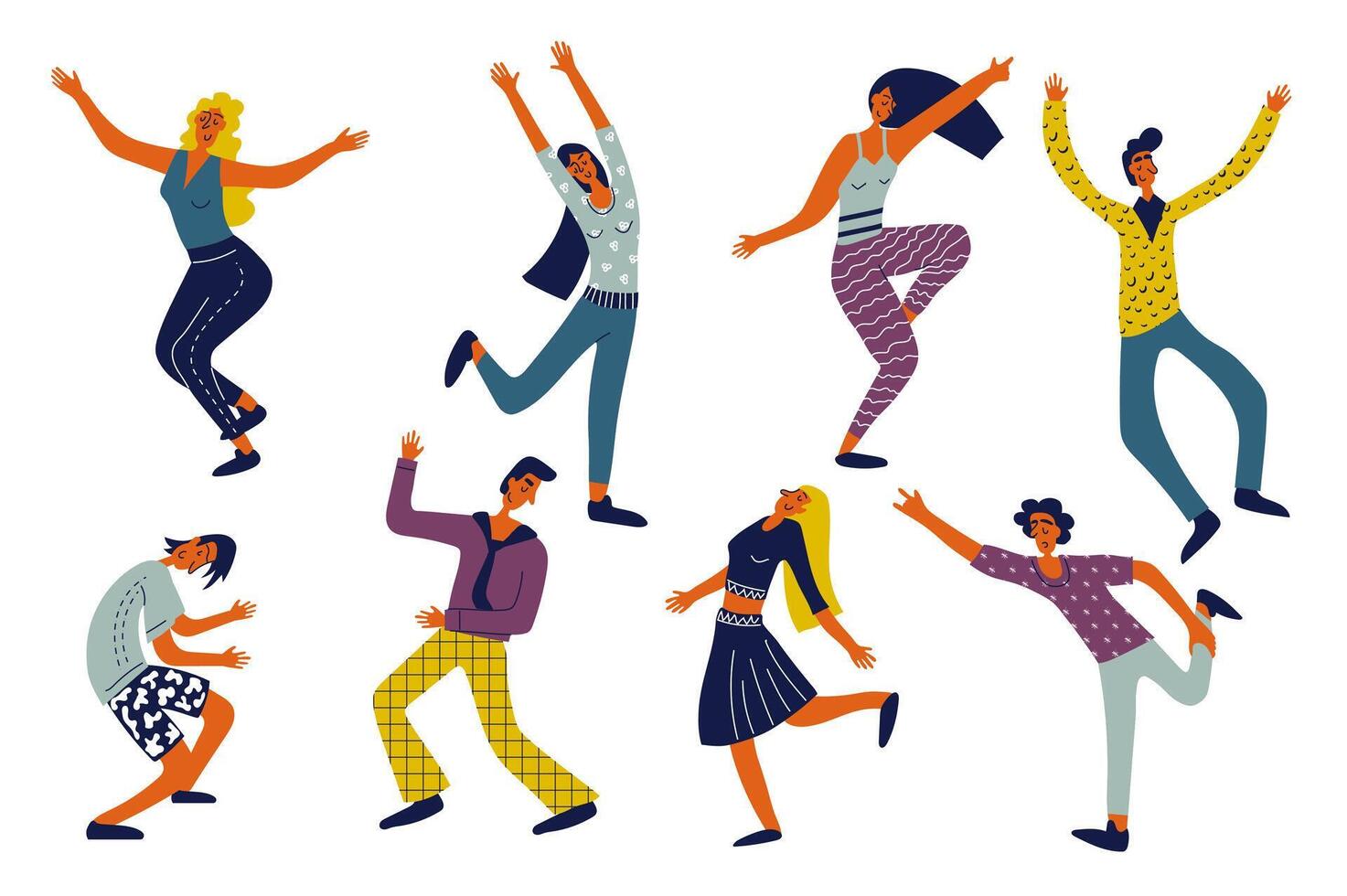 People dancing set in flat character design for web. Bundle persons of different women and men in motion, celebrating and moving at disco, jumping for fun and joy at discotheque. Vector illustration.