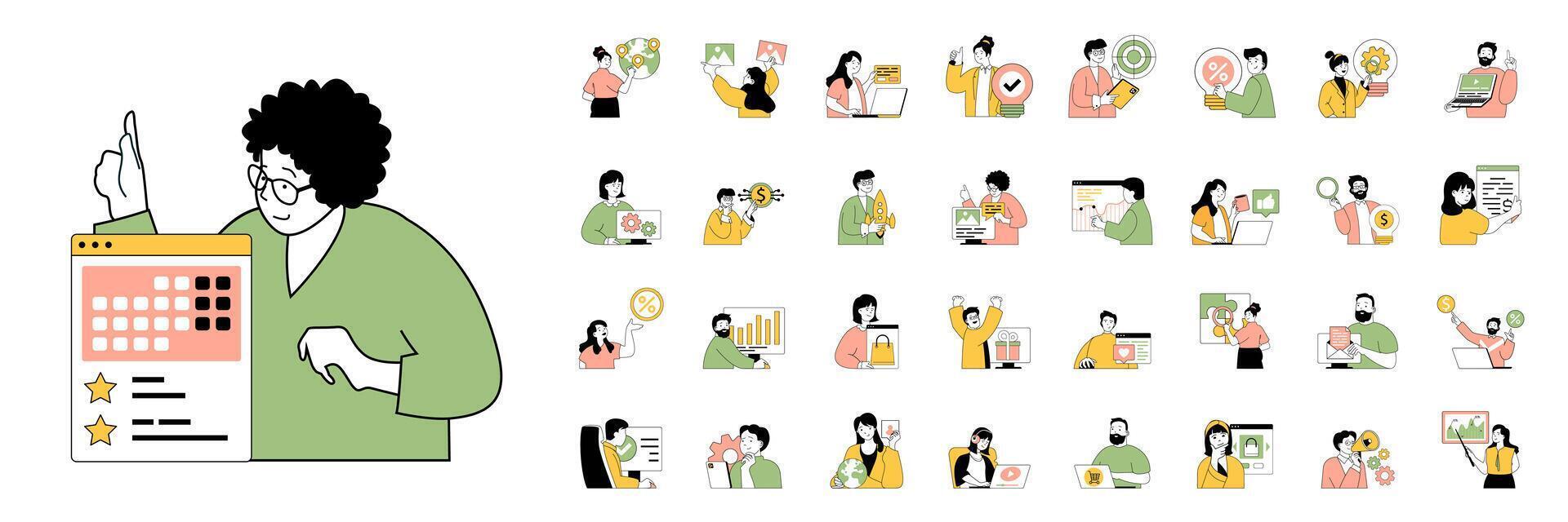 Digital business concept with character situations mega set in flat web design. Bundle of scenes people develop global e-commerce company, creating ad content, chat with clients. Vector illustrations.
