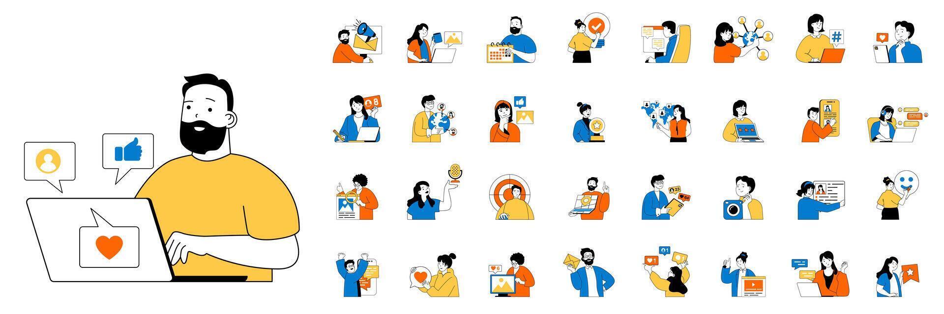 Social network concept with character situations mega set in flat web design. Bundle of scenes people chatting online, sending links, likes content, sharing information in app. Vector illustrations.