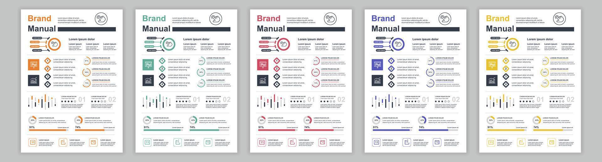 DIN A3 business brand manual templates set. Company identity brochure page with infographic financial data. Marketing research, and commercial offer. Vector layout design for poster, cover, brochure