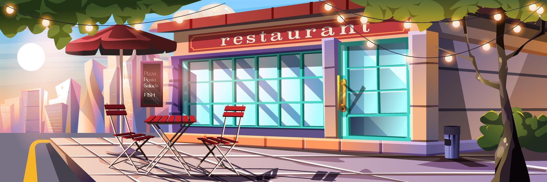 Restaurant facade background banner in flat cartoon design. Street cafeteria exterior poster with table and chairs on terrace, menu, showcase and entrance, garlands on trees. Vector illustration