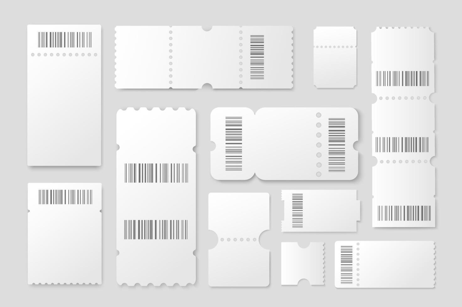 Blank tickets mega set in 3d realistic design. Bundle elements of white paper coupons mockup with text space and barcode for cinema, concert, other events. Vector illustration isolated graphic objects