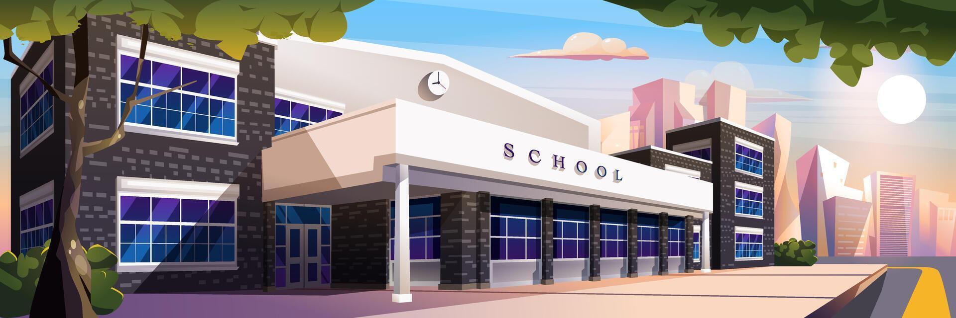 School facade background banner in flat cartoon design. College, academy or university exterior poster in modern architecture. Building with entrance and windows by city road. Vector illustration