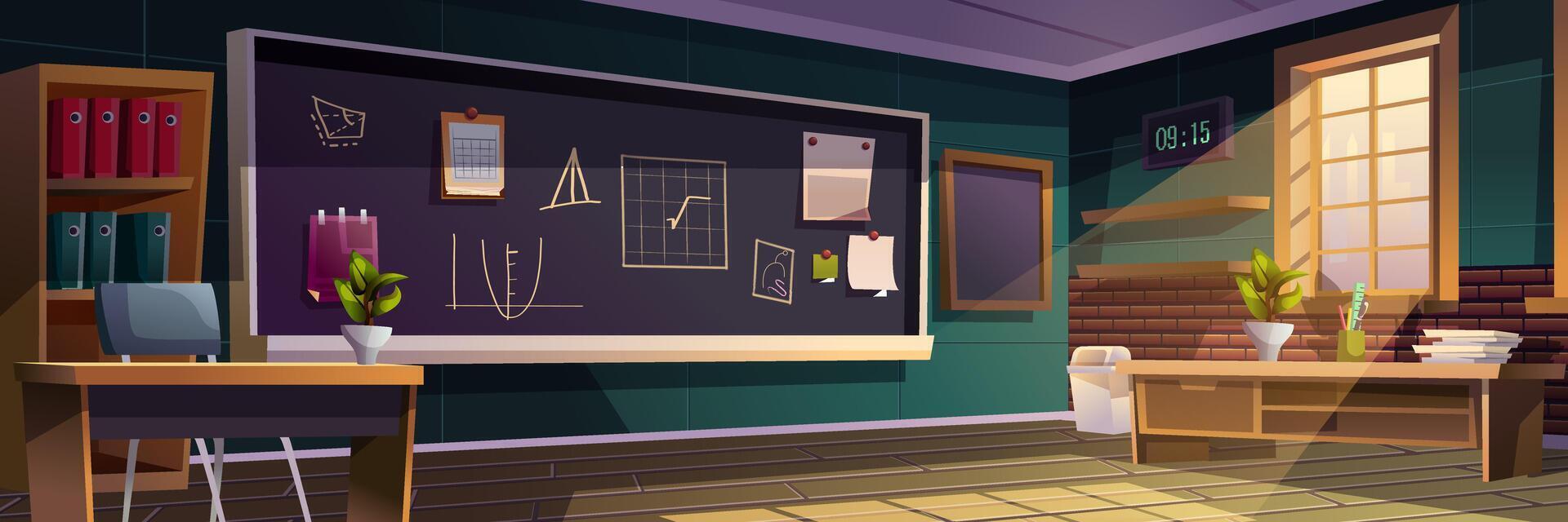 Classroom background banner in flat cartoon design. School class interior poster with teacher table, students desks and seats, chalkboard, placards on wall, window with daylight. Vector illustration