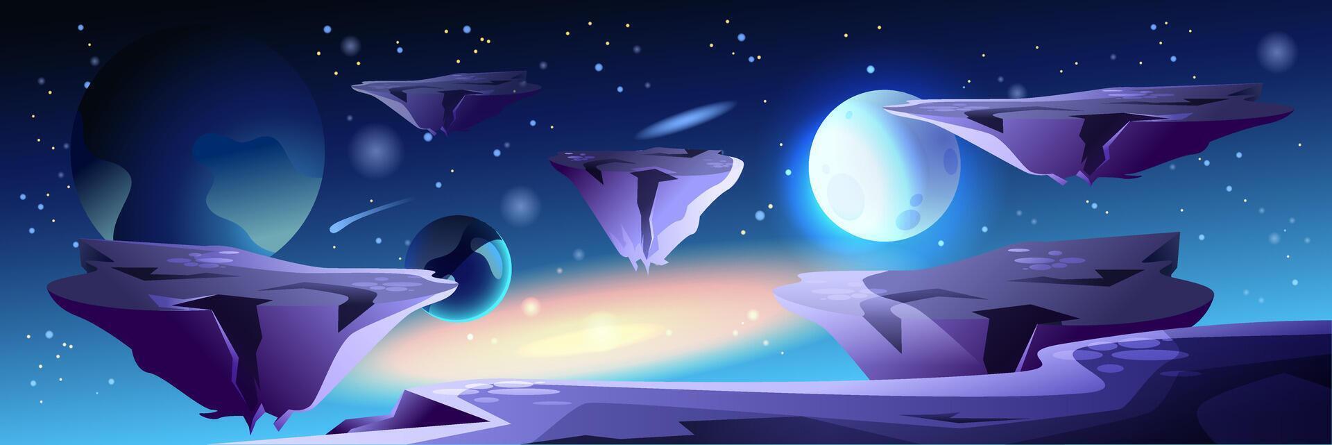 Astronaut at space background banner in flat cartoon design. Cosmos fantasy poster with spaceman in spacesuit walking at cosmic surface with mountains and purple planet view. Vector illustration