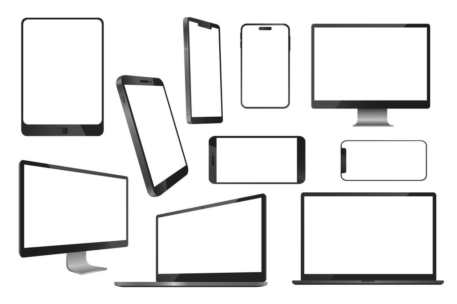 Devices and gadgets mega set in 3d realistic design. Bundle elements of tablets, smartphones, computers, televisions, laptops with empty white screens. Vector illustration isolated graphic objects