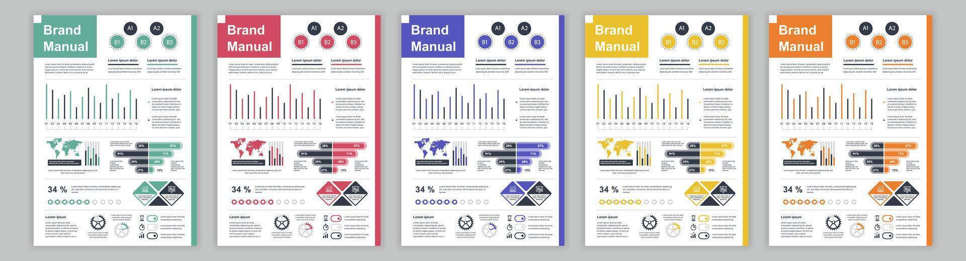 DIN A3 business brand manual templates set. Company identity brochure page with infographic financial data. Marketing research, and commercial offer. Vector layout design for poster, cover, brochure