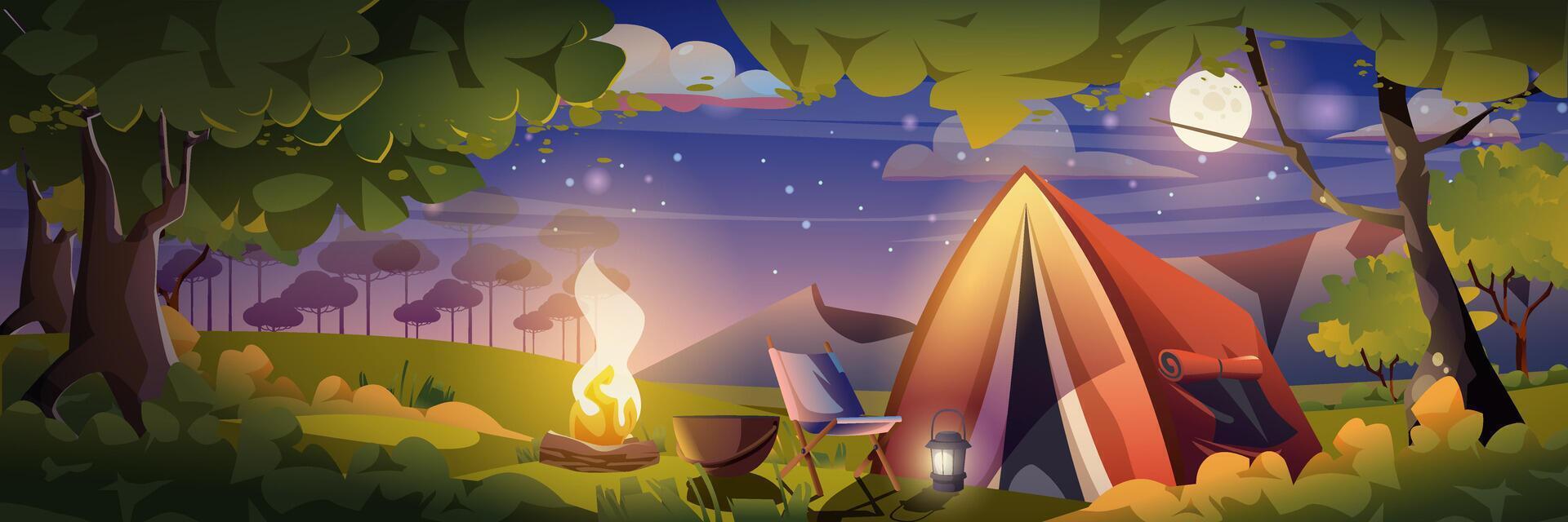 Camping background banner in flat cartoon design. Night campground in forest with starry sky with moon, tent, campfire, chair and tourist equipment. Summer hiking weekend poster. Vector illustration