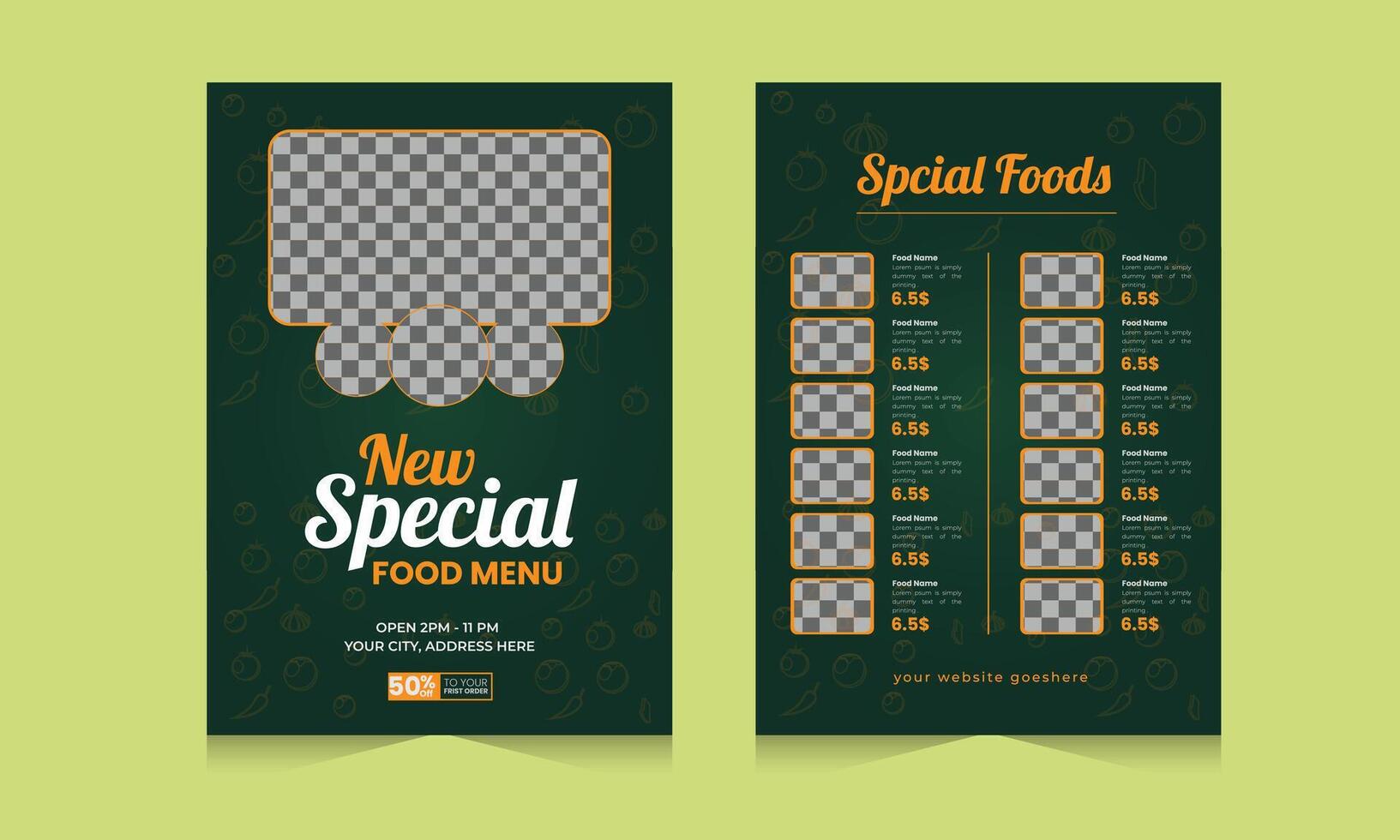 A4 size bifold brochure restaurant food menu template. vector modern food design layout. Free Vector