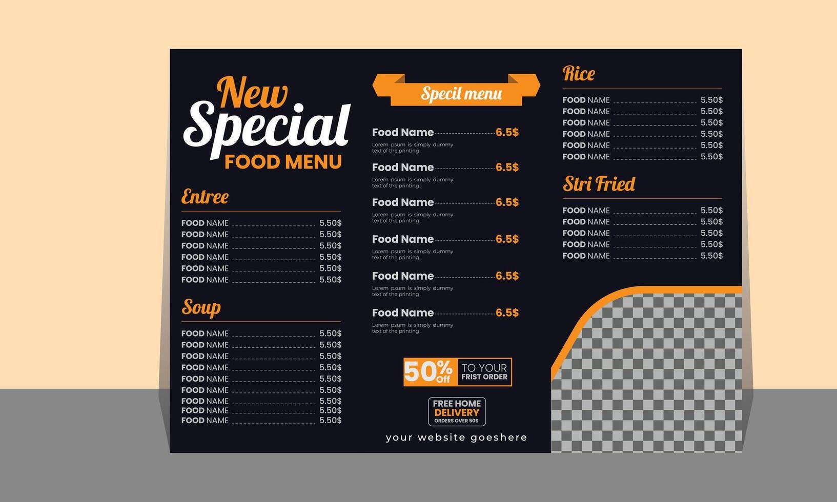 encantador comida menú y restaurante volantes diseño modelo gratis vector