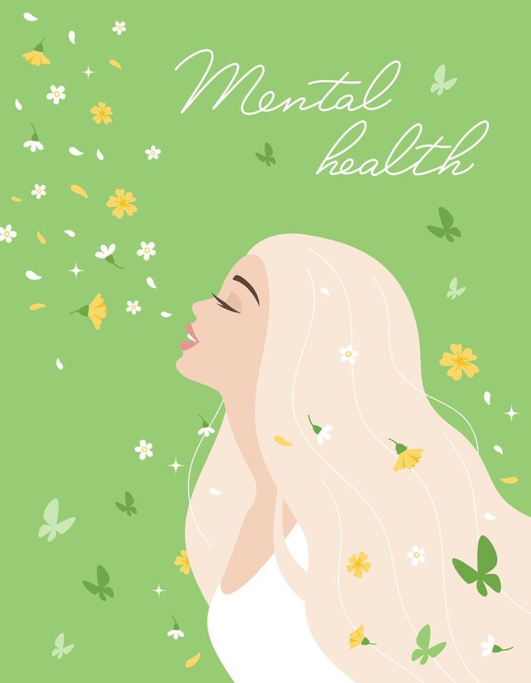 Spring, woman in profile, hair blowing in a light wind with flowers. Hello Spring. Concept of mental health, positive thinking. Vector flat cartoon illustration