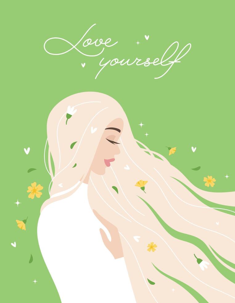 Spring, a woman in profile, holds her hand on her heart, her hair is blown by a light wind with flowers. Hello Spring. Vector flat cartoon illustration