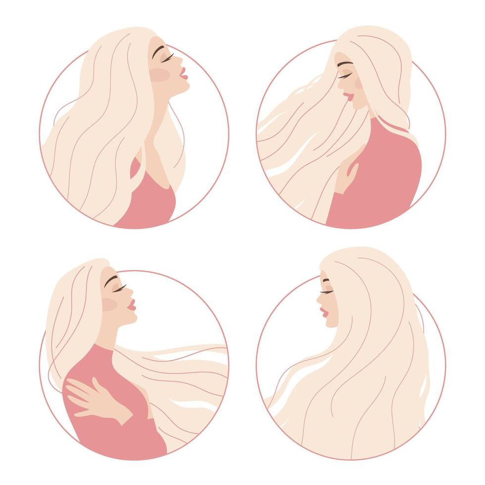 Set of beautiful cute women portraits in profile in a round frame. Beauty sphere, care, cosmetics. Design element, logo. Vector flat illustration