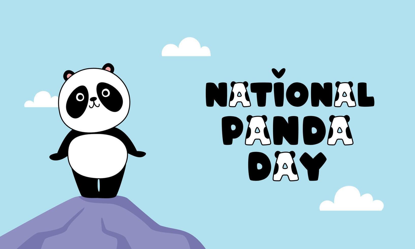 National Panda Day banner, March 16. Cute cartoon panda on top of a mountain in the clouds. With funny text. Vector illustration