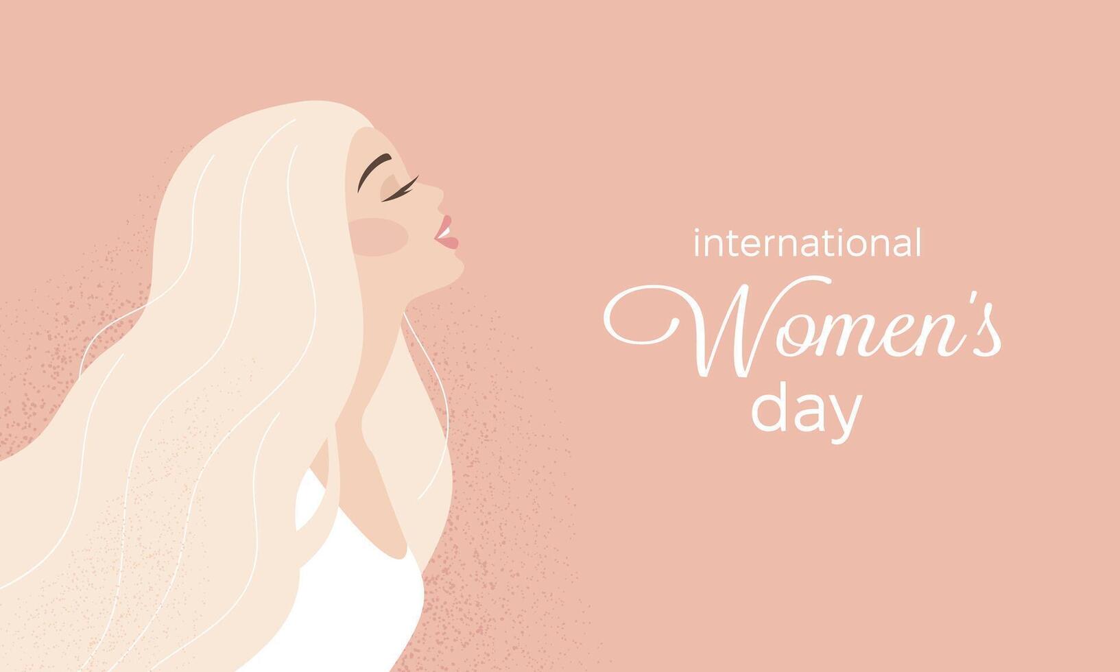 bandera internacional De las mujeres día, marzo 8. hermosa niña en perfil. amor propio. inscripción. vector plano ilustración