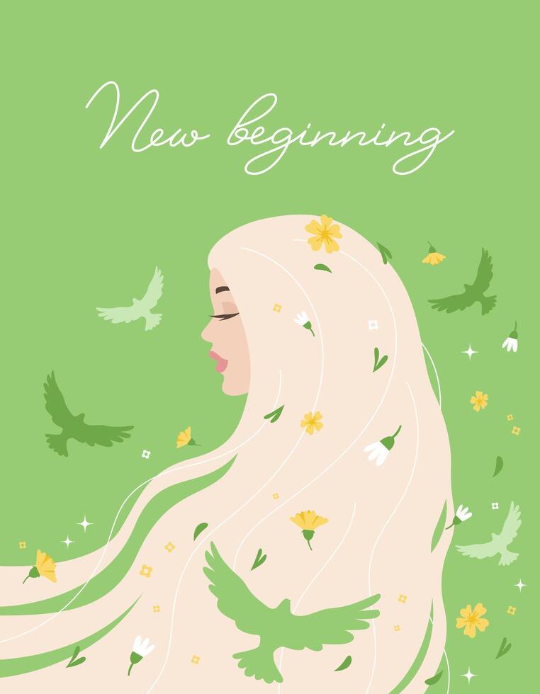 Spring, a woman stands backwards, her hair is blown by a light wind. Hello Spring. Flowers, birds. New beginning concept. Vector flat cartoon illustration