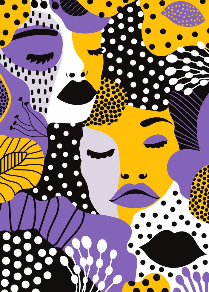 Yellow and purple female faces pattern vector