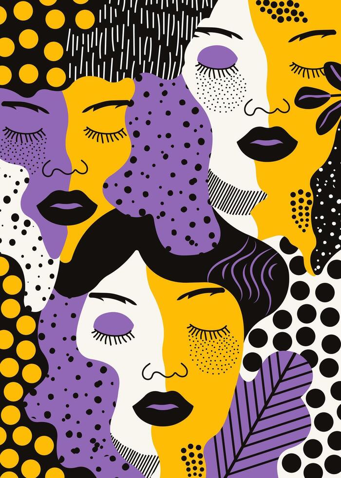 Yellow and purple female faces pattern vector