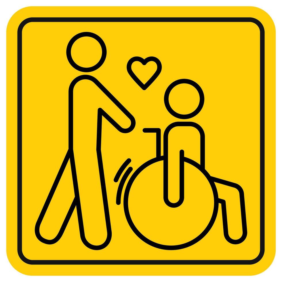 Volunteer helping a person who uses a wheelchair. Accessibility icon, square yellow pictogram, outline. Editable stroke. Concept of caring for a person with disabilities. Vector symbol, flat style.