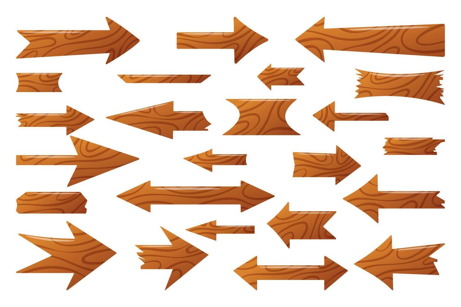 Set of wooden arrows, direction pointer. Blank wooden signboard. Different arrow directions. Cartoon flat style, vector illustration.