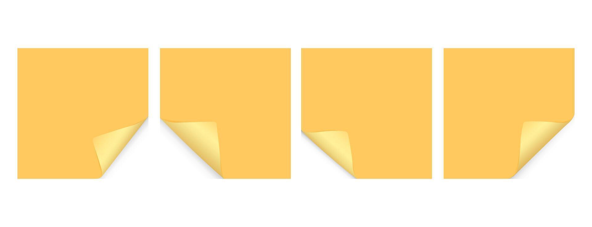 Set of yellow square sheets of note papers, sticky notes with curled corner and shadow, page curl turning effect. Vector illustration on isolated background.