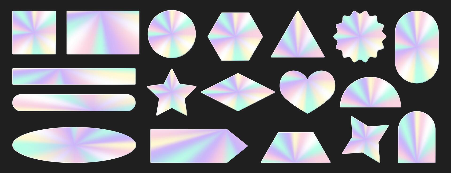 Set of holographic stickers. Hologram labels of different geometric shapes with iridescent foil adhesive film. Colored blank rainbow shiny emblems, figures. Vector illustration.