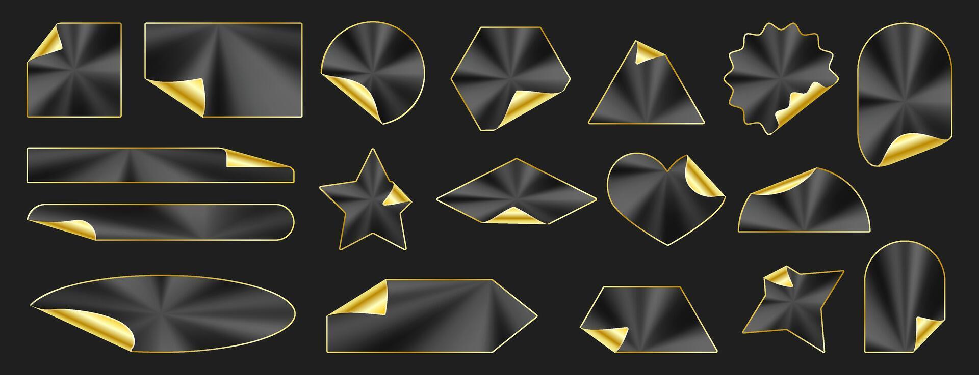 Set of black and gold stickers. Vector holographic geometric shapes with gold frame and curled corner. Luxury, premium golden labels. Isolated background