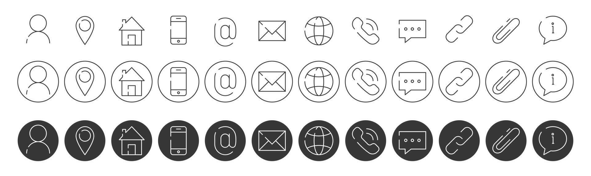 Web and mobile icon set, line style. Website contact info icons for registration, resume, highlights, design, social media. Chat, link, paper clip, message, phone, email, person. Vector illustration