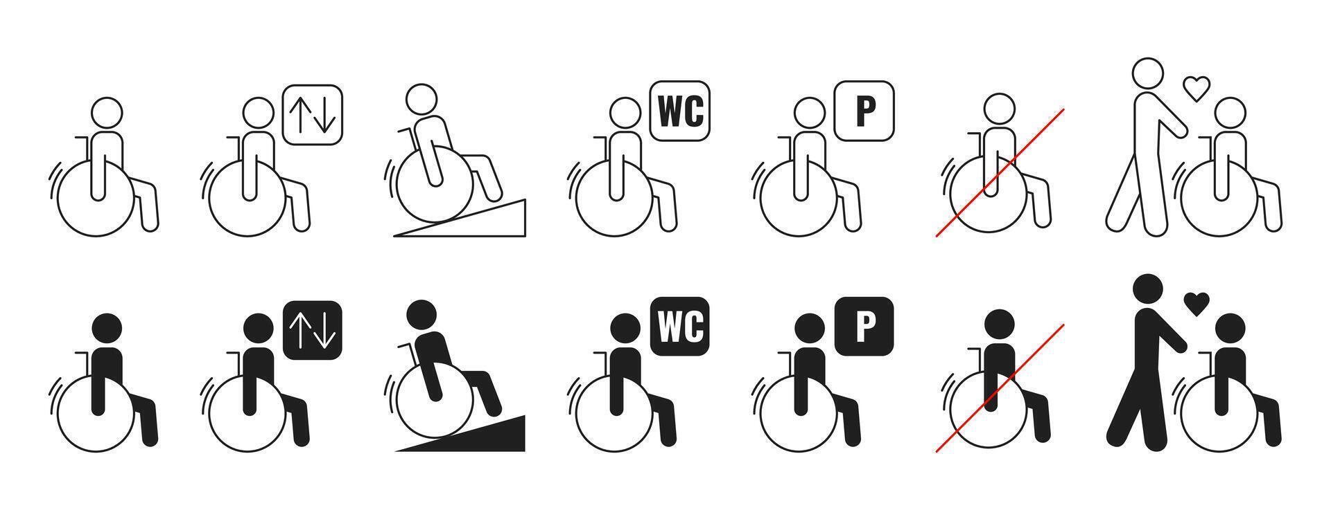 Accessibility icon set for disabled people in wheelchairs, pictogram outline. Editable stroke, color. Toilet, elevator, parking sign for handicapped people.Vector symbol, minimalist flat style vector