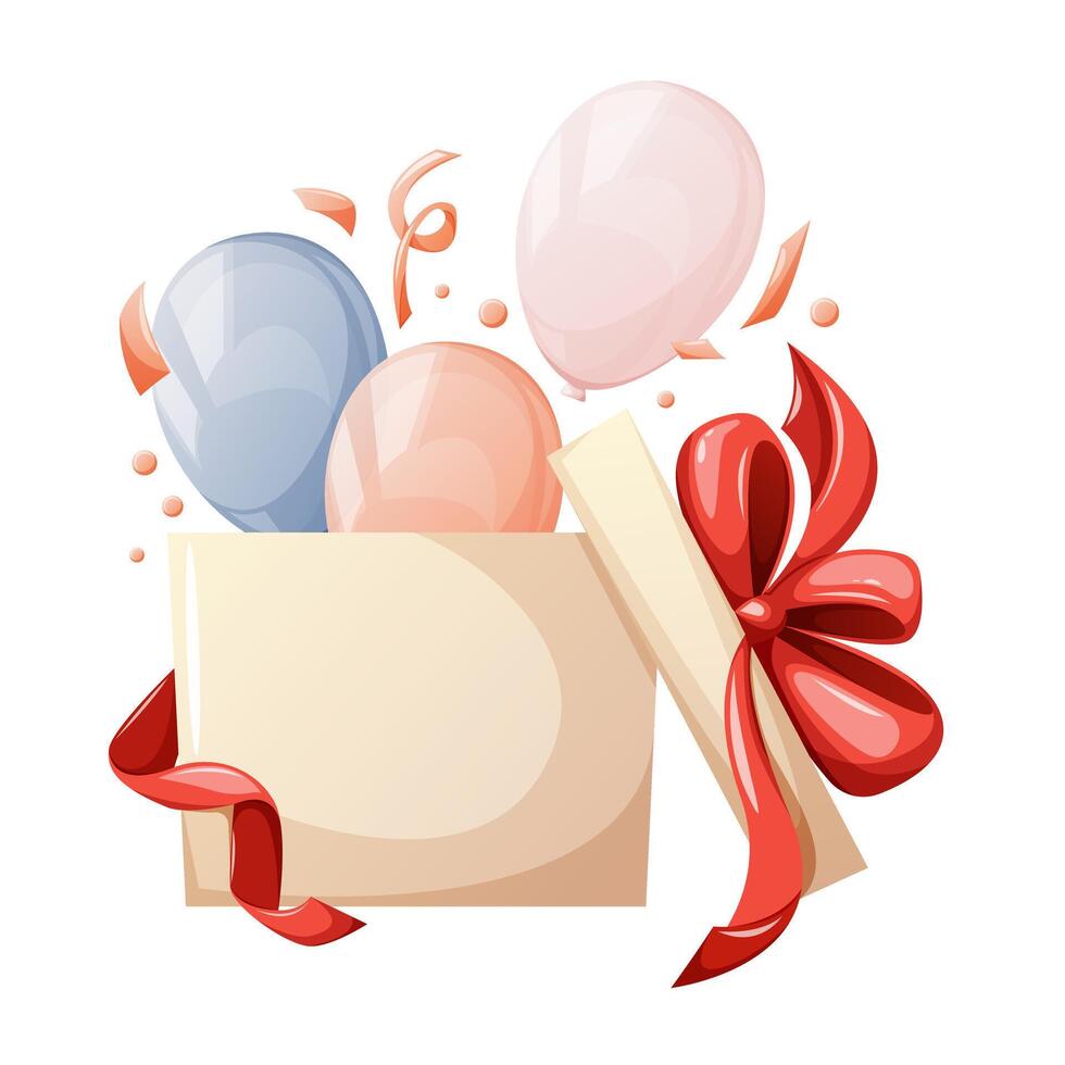 Open gift box with colorful balloons and confetti, bow and ribbon. Vector illustration in cartoon flat style on isolated background. For holiday, birthday, present