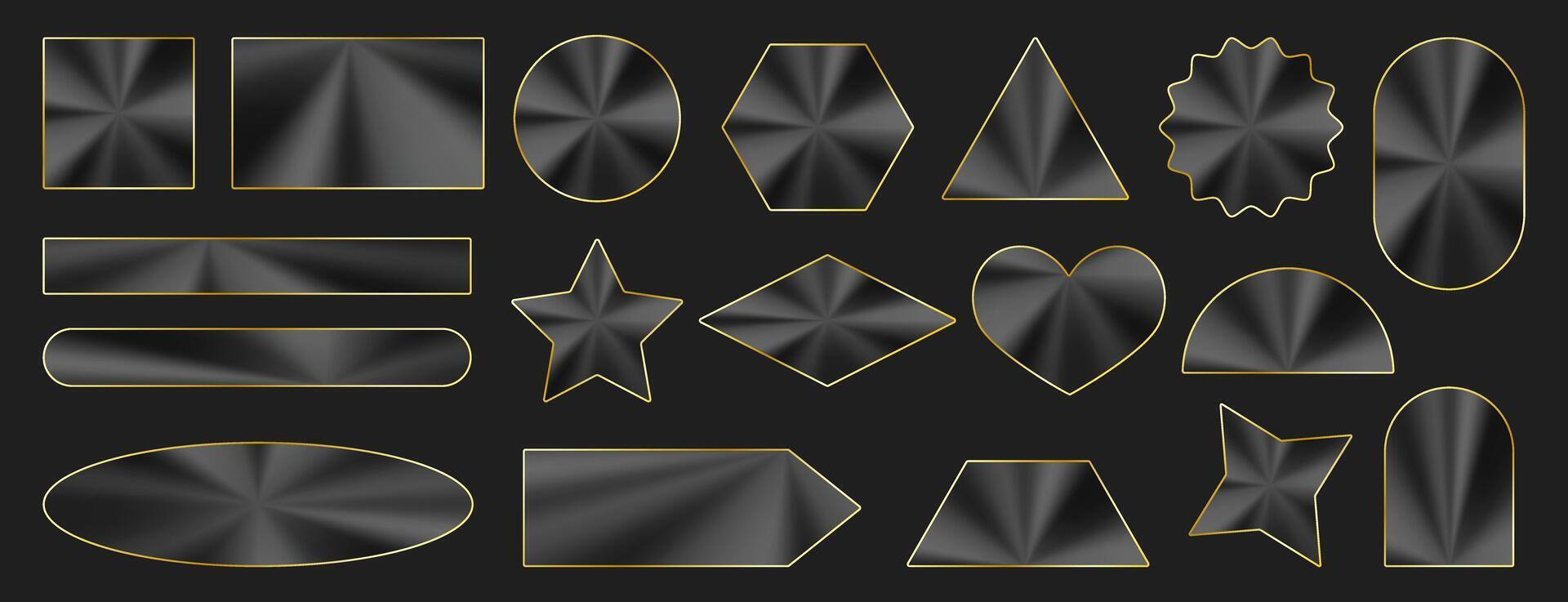 Set of black and gold holographic stickers. Vector various geometric shapes with gold frame. Luxury, vip, premium golden labels. Isolated background
